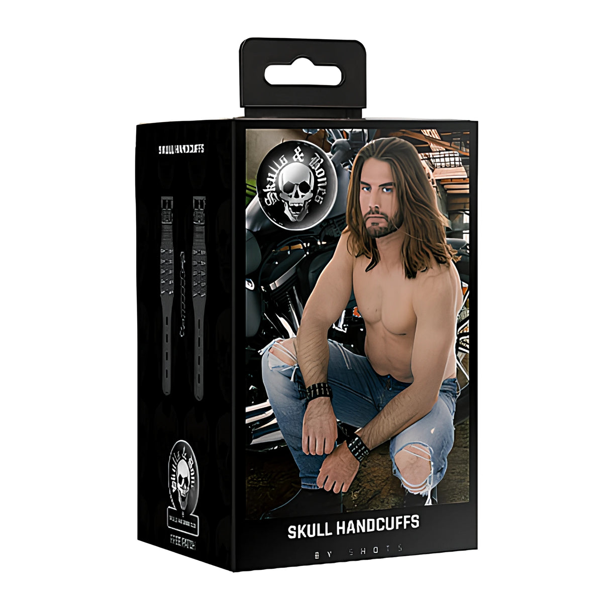 Черна кутия на белезниците Skull Handcuffs от Skulls & Bones с лого с череп и мъж с дълга коса и дънки, носещ белезниците на китките си