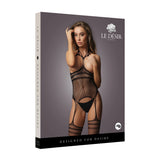 Кутия на черно мрежесто боди Strappy Suspender на Le Désir с модел на корицата, надпис „Designed for Desire“ и размер One Size