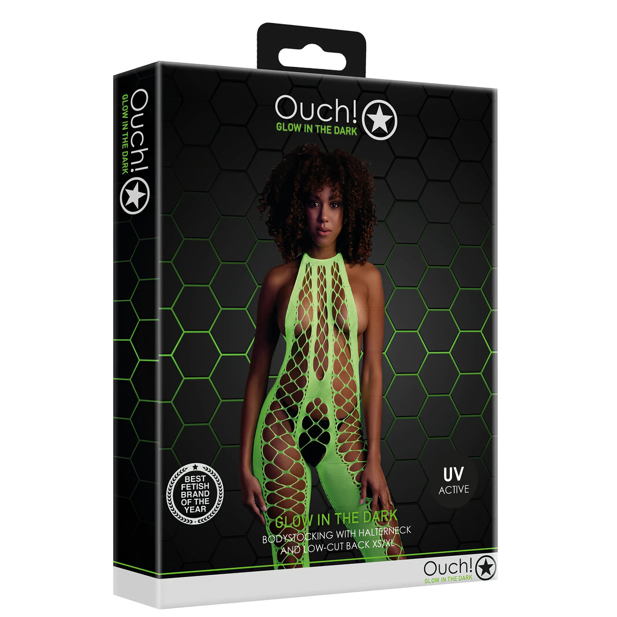 Черна опаковка на Ouch! Glow in the Dark с модел в неоново зелен бодистокинг с халтер, надпис UV Active и XS/XL