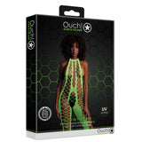 Черна опаковка на Ouch! Glow in the Dark с модел в неоново зелен бодистокинг с халтер, надпис UV Active и XS/XL