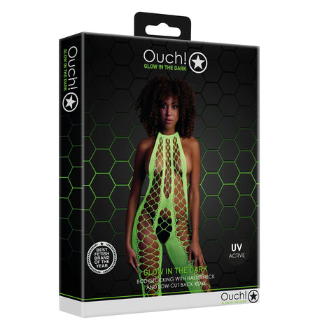 Черна опаковка на Ouch! Glow in the Dark с модел в неоново зелен бодистокинг с халтер, надпис UV Active и XS/XL