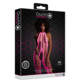 Черна кутия на Ouch! Glow in the Dark с модел в неоново розов бодистокинг с холтер, надпис UV Active и размери XS/XL