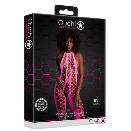 Черна кутия на Ouch! Glow in the Dark с модел в неоново розов бодистокинг с холтер, надпис UV Active и размери XS/XL