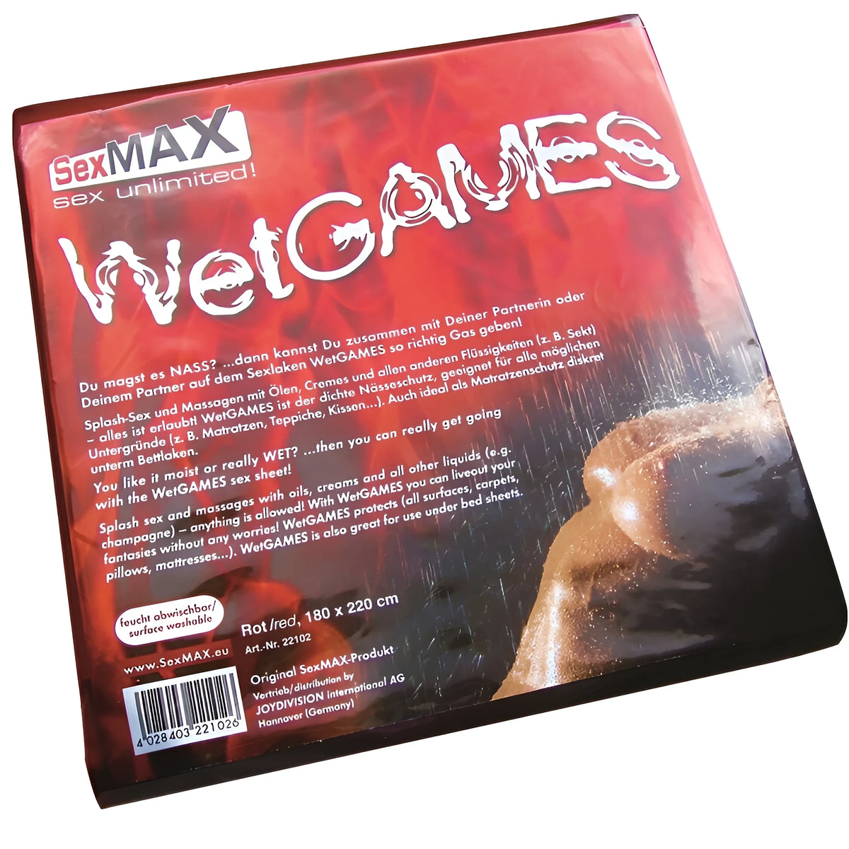 Опаковка на червен PVC чаршаф SexMAX WetGames, 180 x 220 см, с текст на немски и английски и баркод