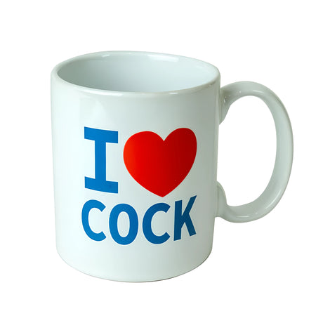 Бяла керамична чаша Spencer & Fleetwood с дръжка отдясно и син надпис „I ❤ COCK“ с червено сърце на лицевата страна