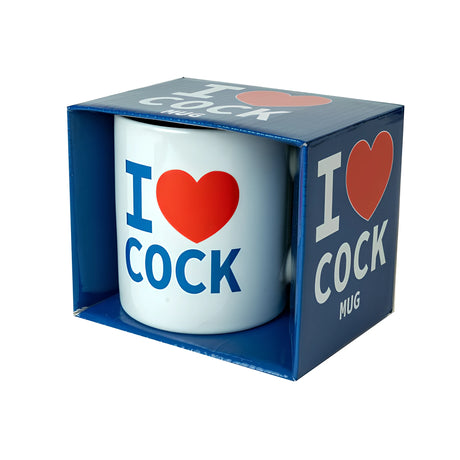 Бяла чаша Чаша I Love Cock с червено сърце и син надпис в синя подаръчна кутия с отворена предна част