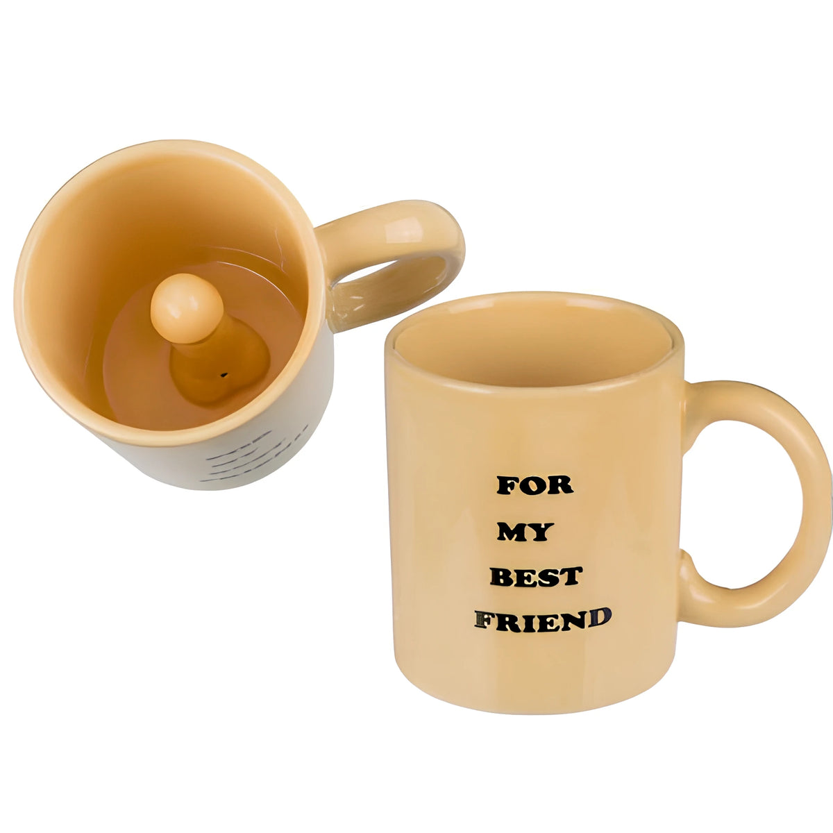 Две бежови керамични чаши For My Best Friend – едната отгоре с релефна фигурка на дъното, другата отстрани с черния надпис