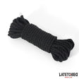 Навито черно усукано въже Fetish Addict, 10 м, на бял фон, с лого LATETOBED BDSM Line в долния десен ъгъл