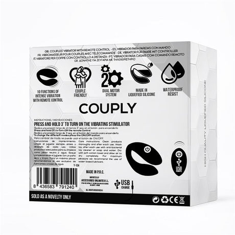 Гърба на кутията на вибратор за двойки Couply с икони за 10 функции, дистанционно, силикон и водоустойчивост, инструкции и баркод