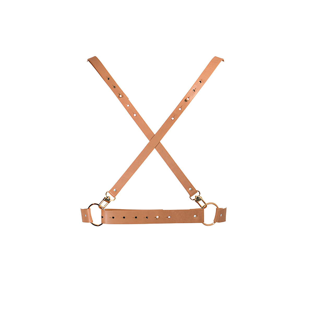 Дамски колан X harness на Bijoux Indiscrets в кафяв цвят – изглед отпред: кръстосани каишки със златисти халки и катарами върху бял фон