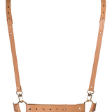 Дамски колан X harness на Bijoux Indiscrets от MAZE в кафяв цвят – изглед отпред с две дълги презрамки, метални халки и перфорирана лента