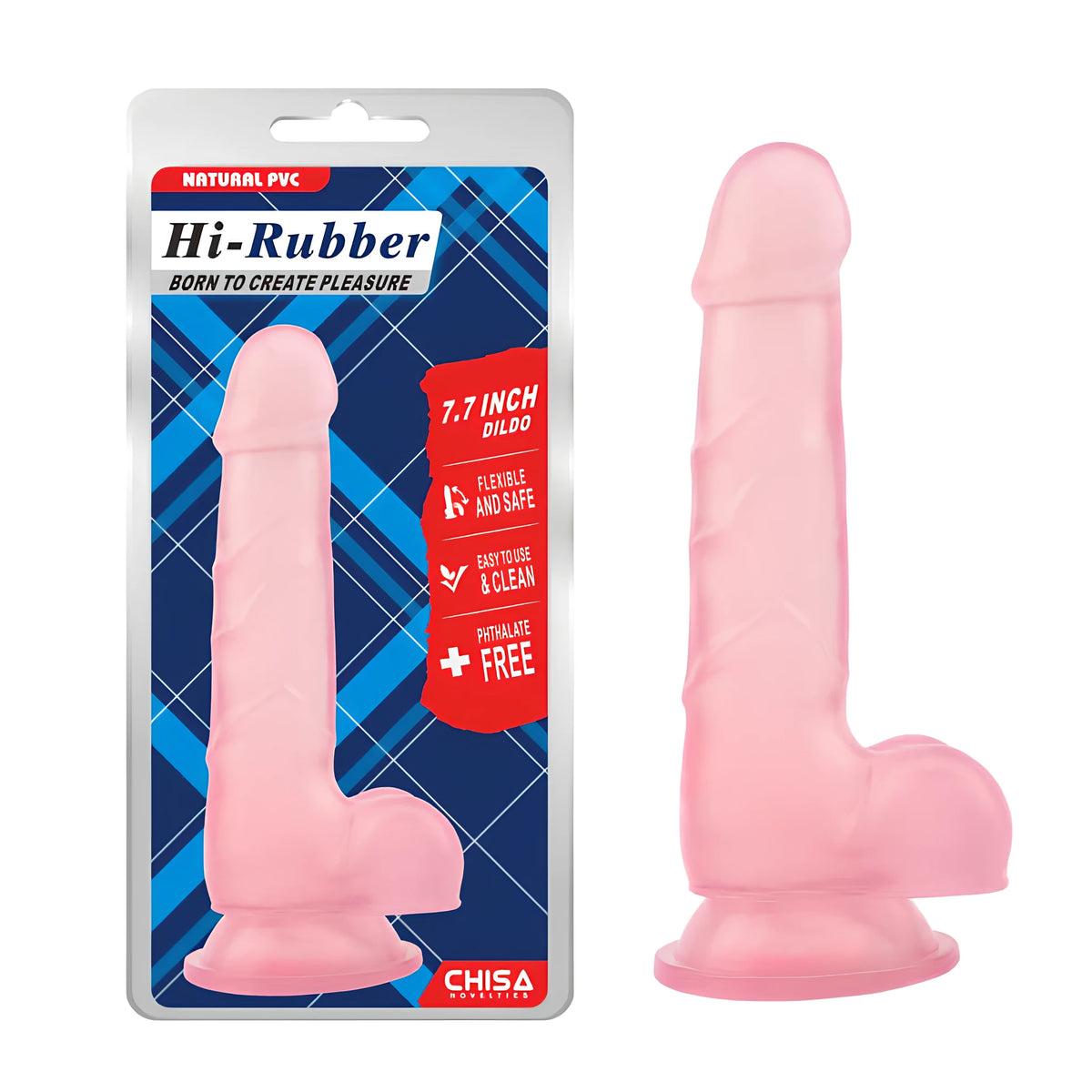 Розово дилдо Hi-Rubber 19.5 см с вендуза до опаковката си – блистер с надписи Natural PVC, 7.7 inch, без фталати