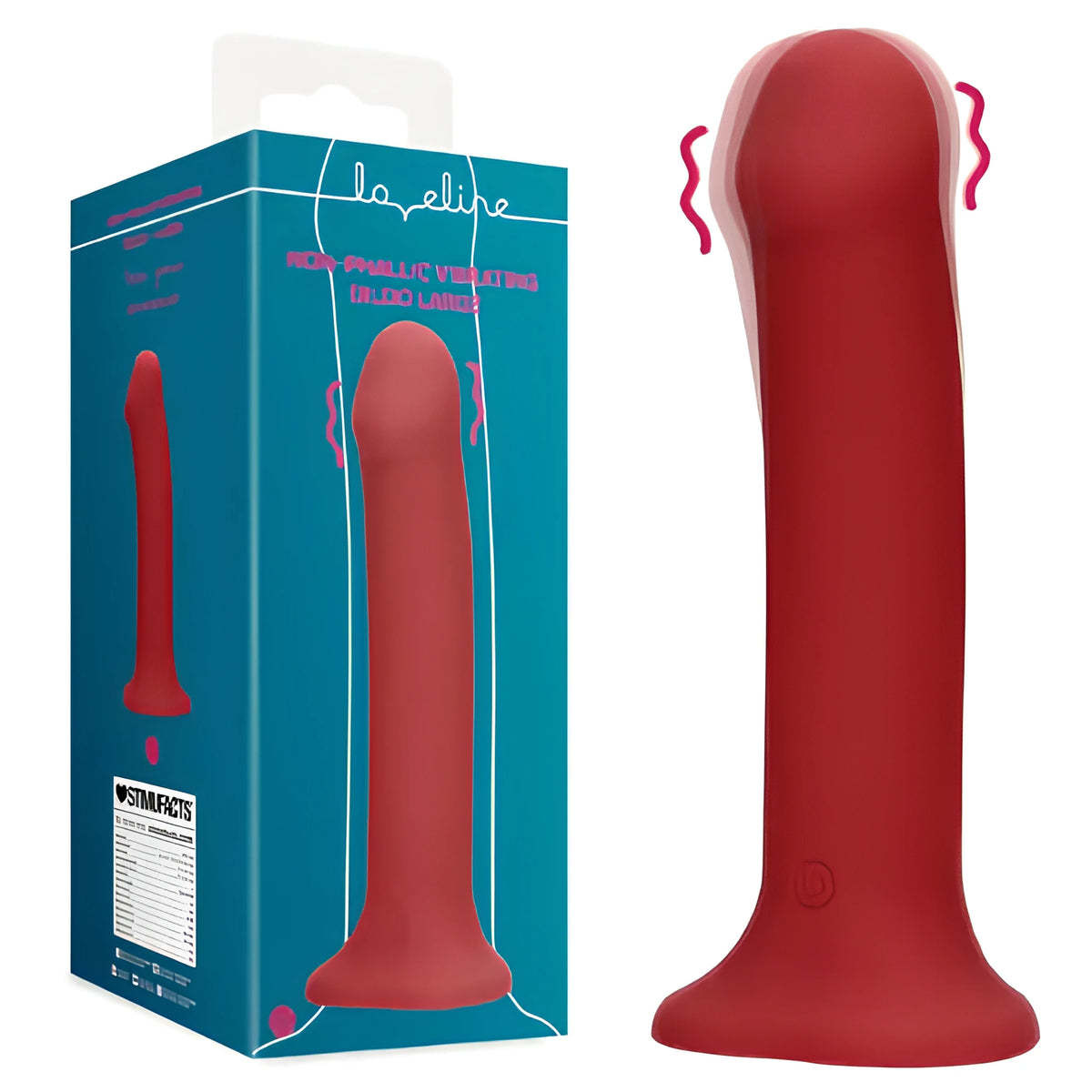 Дилдо Non-Phallic Vibrating Large на Shots в червен цвят с бутон и широка основа, до тюркоазената си кутия