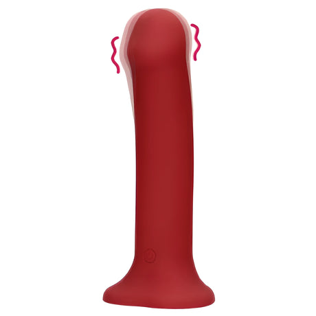 Червено силиконово вибриращо дилдо Non-Phallic Vibrating Large на Shots с широка основа, бутон за управление и вълнички, показващи вибрацията