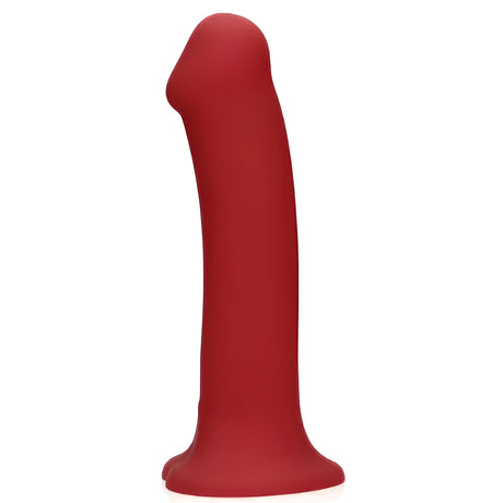 Дилдо Non-Phallic Vibrating Large на Shots в червен цвят, странен изглед на извито тяло с матова силиконова повърхност и широка основа