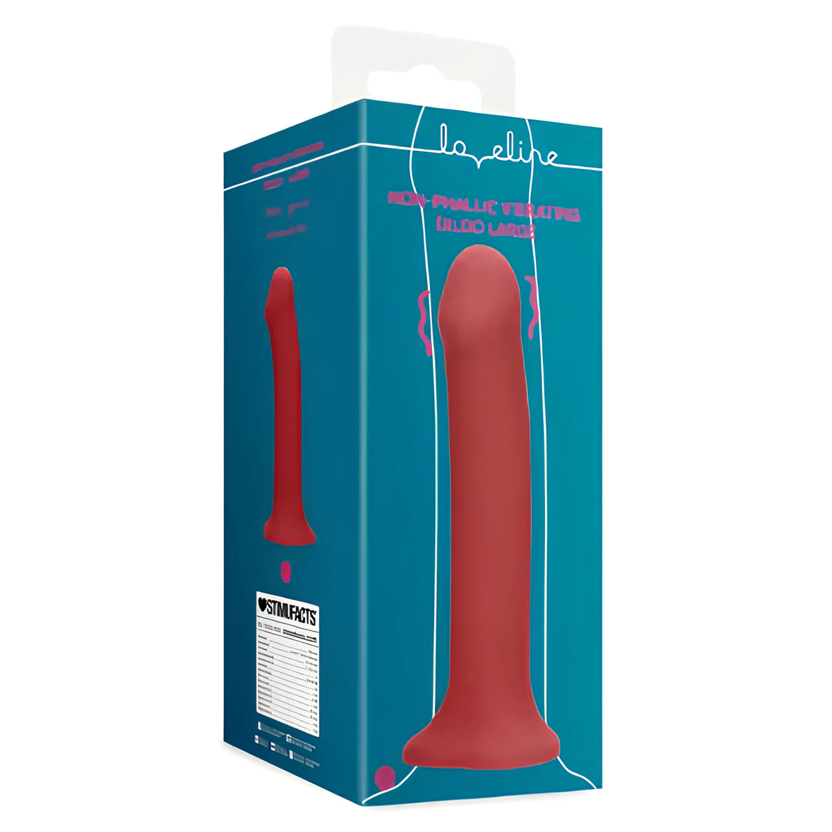 Синя кутия на вибриращо дилдо Non-Phallic Vibrating Large с марка Loveline, с червен продукт на лицевата страна и таблица Stimufacts отстрани