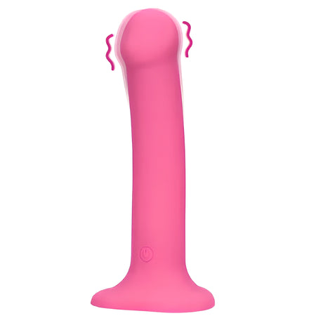 Розово вибриращо дилдо Shots Non-Phallic Vibrating, размер Medium, отпред с кръгъл бутон за управление на основата и вълнообразни линии за вибрация