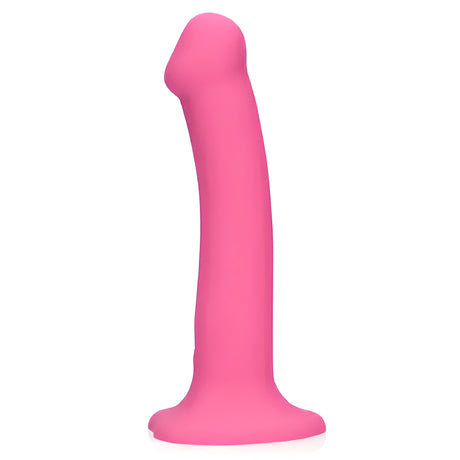 Розово силиконово дилдо Shots Non-Phallic Vibrating, размер Medium, отстрани, леко извито, с широка основа с вендуза