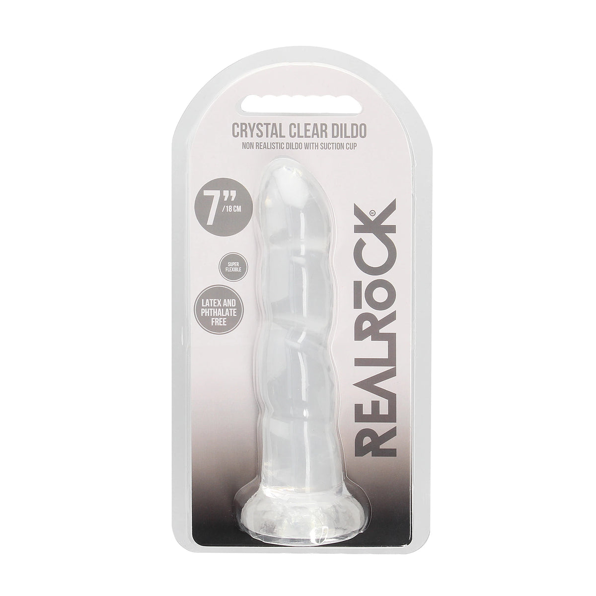 Дилдо RealRock Crystal Clear с вендуза в блистерна опаковка с надписи 7"/18 см, Super flexible и Latex and phthalate free