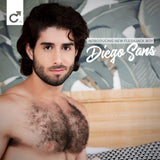 Промо банер на Fleshjack Boy Diego Sans: мъж с тъмна къдрава коса и брада пред тапет с листа, с надпис „Introducing new Fleshjack Boy“