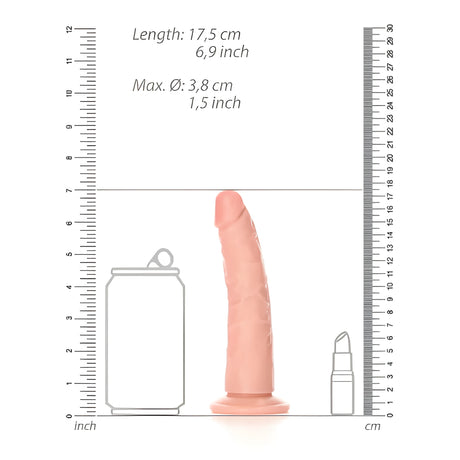 Размерна скица на Real Rock Slim Realistic в телесен цвят: дължина 17,5 cm, макс. диаметър 3,8 cm, до кенче и червило за мащаб