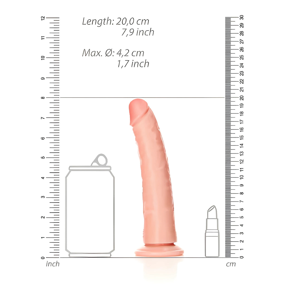 Размерна infographic на Real Rock Slim Realistic в телесен цвят: дължина 20 см, макс. диаметър 4,2 см, до кутия от кола и червило