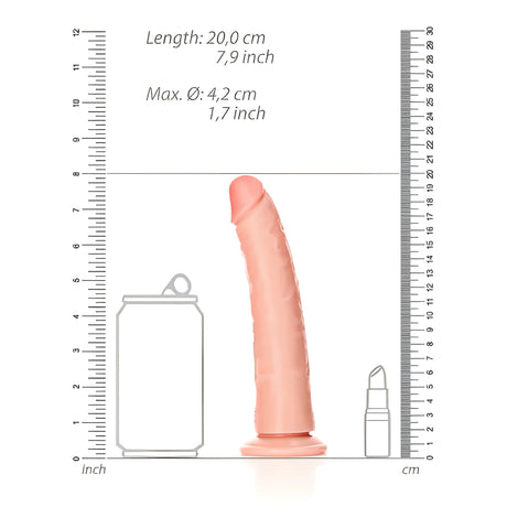 Размерна infographic на Real Rock Slim Realistic в телесен цвят: дължина 20 см, макс. диаметър 4,2 см, до кутия от кола и червило