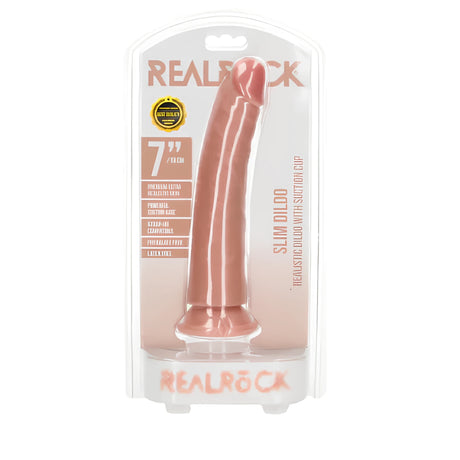 Опаковка на дилдо Real Rock Slim Realistic 18 cm в телесен цвят, с надпис 7" и вендуза в основата