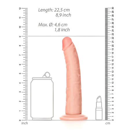 Размерна схема на Real Rock Slim Realistic в телесен цвят: дължина 22,5 cm, макс. диаметър 4,6 cm, до линийки и контури на кенче и червило