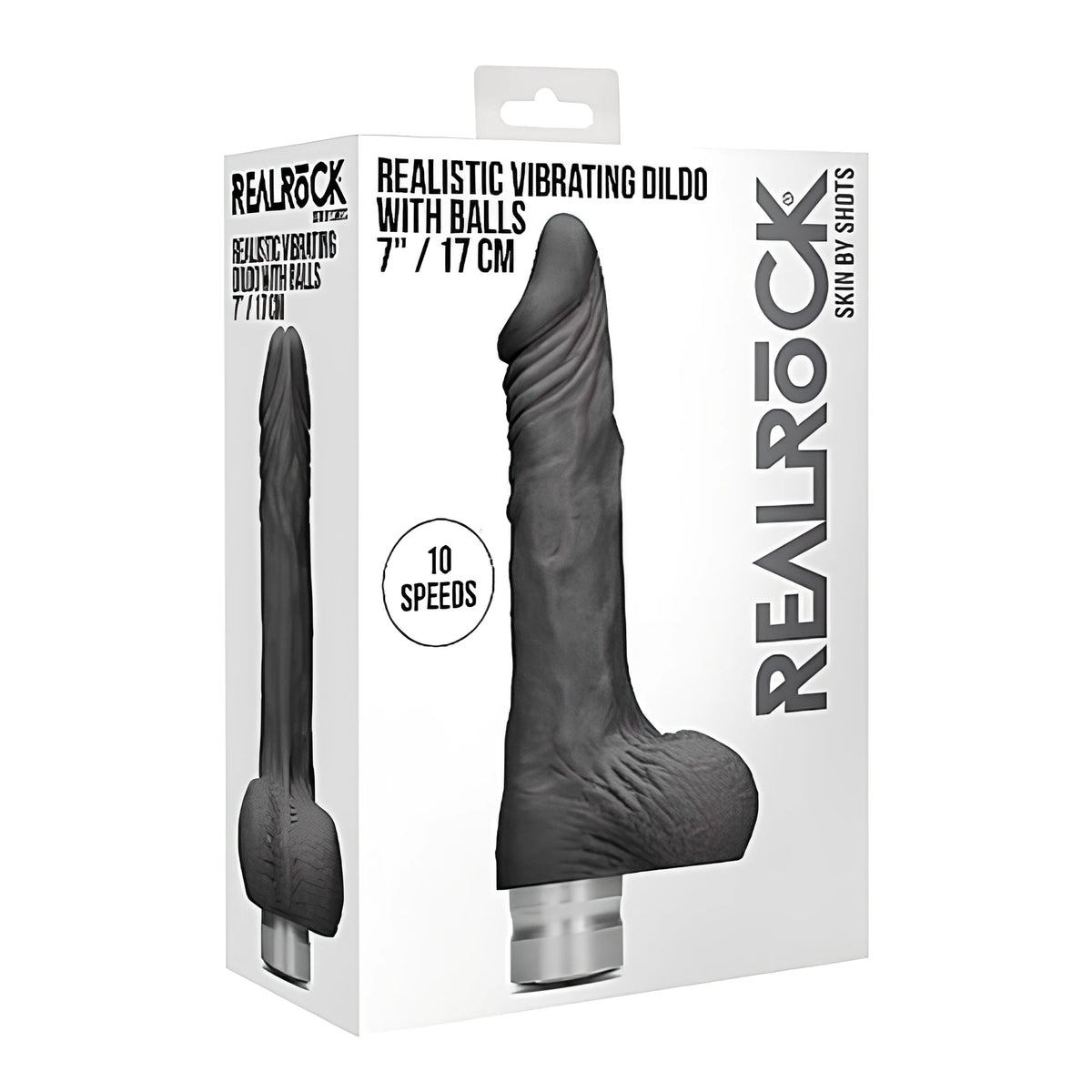 Кутия на черно реалистично вибриращо дилдо с тестиси RealRock, 17 см, с надпис „10 speeds“ и страничен изглед