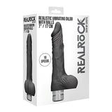 Кутия на черно реалистично вибриращо дилдо с тестиси RealRock, 17 см, с надпис „10 speeds“ и страничен изглед