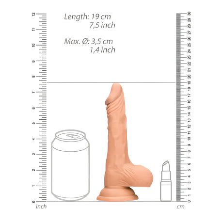 Размерна схема на Real Rock 17 cm Flesh: дължина 19 cm, макс. диаметър 3,5 cm, до кутия от напитка и червило за сравнение