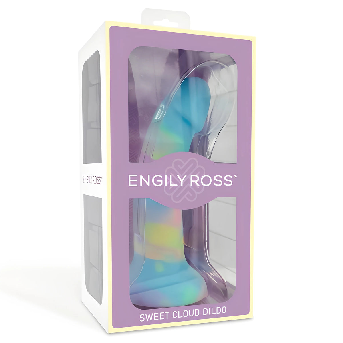 Опаковка на дилдо Sweet Cloud на Engily Ross – лилава кутия с прозорче, през което се виждат пастелни сини и жълти цветове