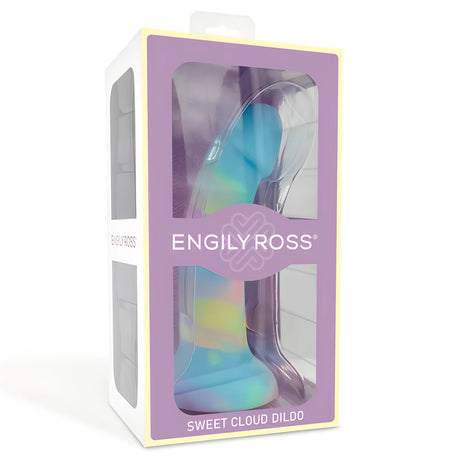 Опаковка на дилдо Sweet Cloud на Engily Ross – лилава кутия с прозорче, през което се виждат пастелни сини и жълти цветове
