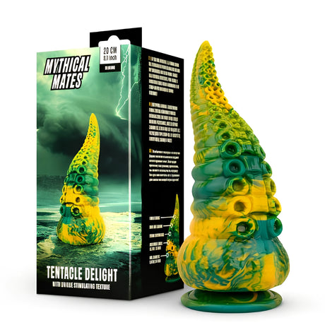 Tentacle Delight от серията Mythical Mates: жълто-зелен силиконов продукт във формата на пипало с основа, до кутията му