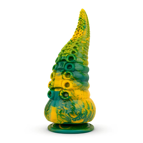 Дилдо Tentacle Delight 22.4 cm във форма на пипало с жълто-зелен мраморен силикон, вендузи и плоска основа, страничен изглед