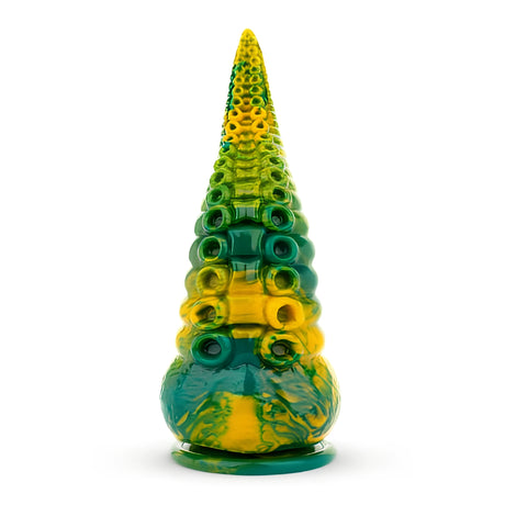 Дилдо Tentacle Delight 22.4 cm в зелено и жълто, с форма на пипало и релефни вдлъбнатини, гледано отпред на кръгла основа
