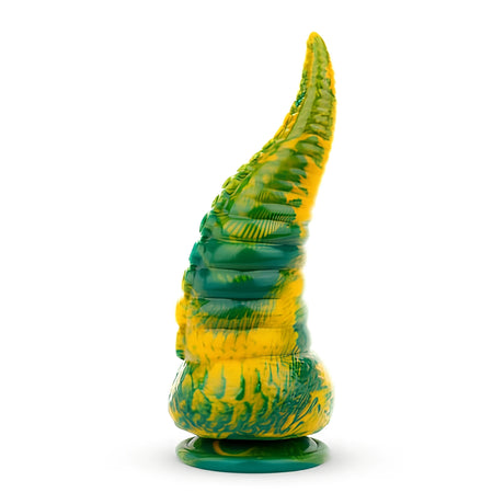 Дилдо Tentacle Delight 22.4 cm в жълто и зелено с извито пипалоподобно тяло, текстура на люспи и кръгла вендуза, страничен изглед