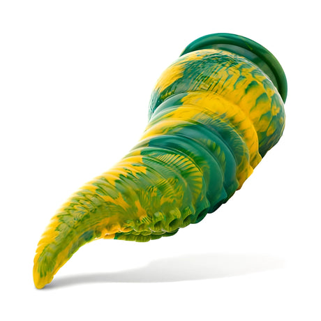 Дилдо Tentacle Delight 22.4 cm в зелено и жълто, във форма на извито пипало с relief на сегменти, снимано отстрани и леко отдолу