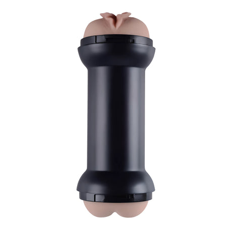 Двоен мастурбатор Training Master на Lovetoy – изправен черен корпус с телесен силиконов отвор в двата края, изглед отпред