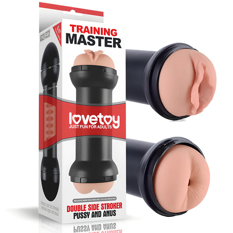 Кутията на Двоен мастурбатор Training Master на Lovetoy и двата отвора на черния корпус, показани отблизо един над друг