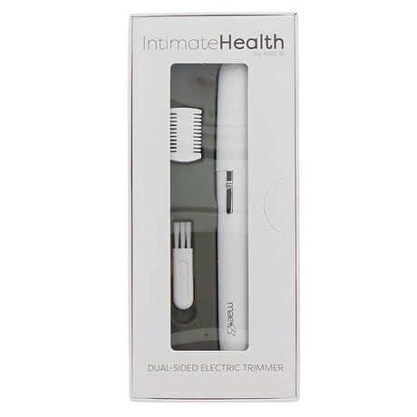Бяла кутия на Intimate Health by Mae B с прозорец, през който се виждат тримерът, гребен накрайник и четка за почистване