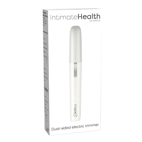 Бялата кутия на двустранния електрически тример Mae B Intimate Health с прозрачен прозорец и снимка на бял тример в средата