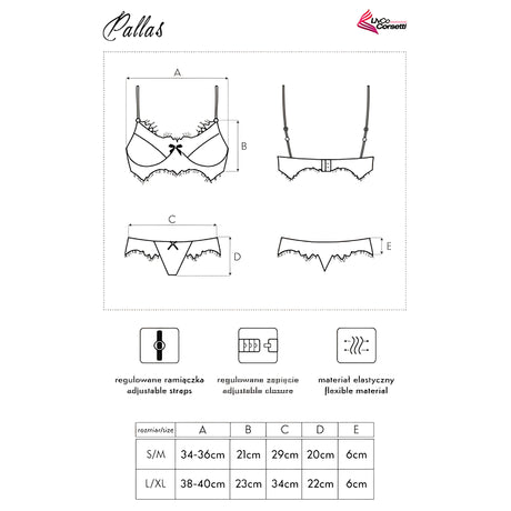 Размерна таблица и схеми на комплект Pallas на LivCo Corsetti: сутиен и прашки с размери A–E за S/M и L/XL, регулируеми презрамки и закопчаване, еластичен материал
