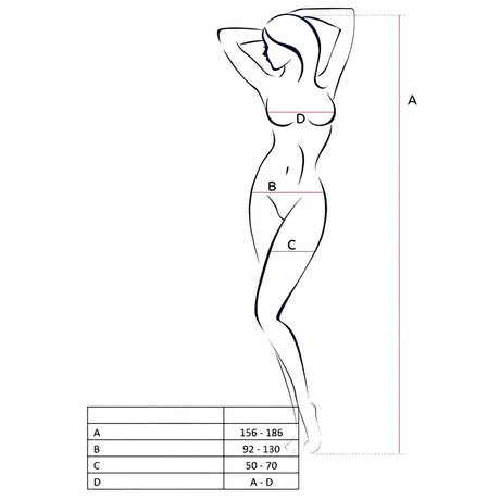Таблица с размери на еротично боди BS054 на Passion: A – ръст 156–186, B – 92–130, C – 50–70, D – A–D, върху схематичен силует