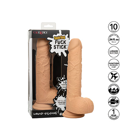 Еякулиращ вибратор Fuck Stick на California Exotics в телесен цвят до черната си кутия, с икони за 10 функции, течен силикон, IPX7 и USB зареждане