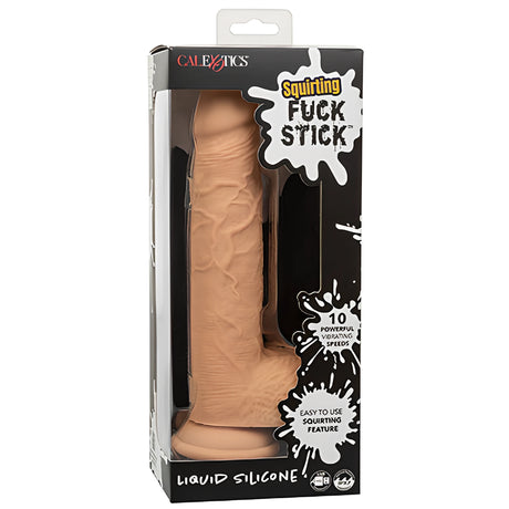 Опаковка на еякулиращ вибратор Squirting Fuck Stick на CalExotics с телесен силиконов вибратор през прозорец и надписи за 10 скорости на вибрация