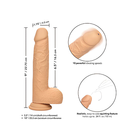Размери на вибратора Fuck Stick: височина 22,75 см, обиращ 14 см, плюс функции с 10 скорости на вибрация и изхвърляне на течност до 10 мл