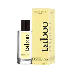 Феромонен парфюм Taboo Equivoque 50 ml: прозрачен флакон с черна капачка до светложълтата си кутия, унисекс