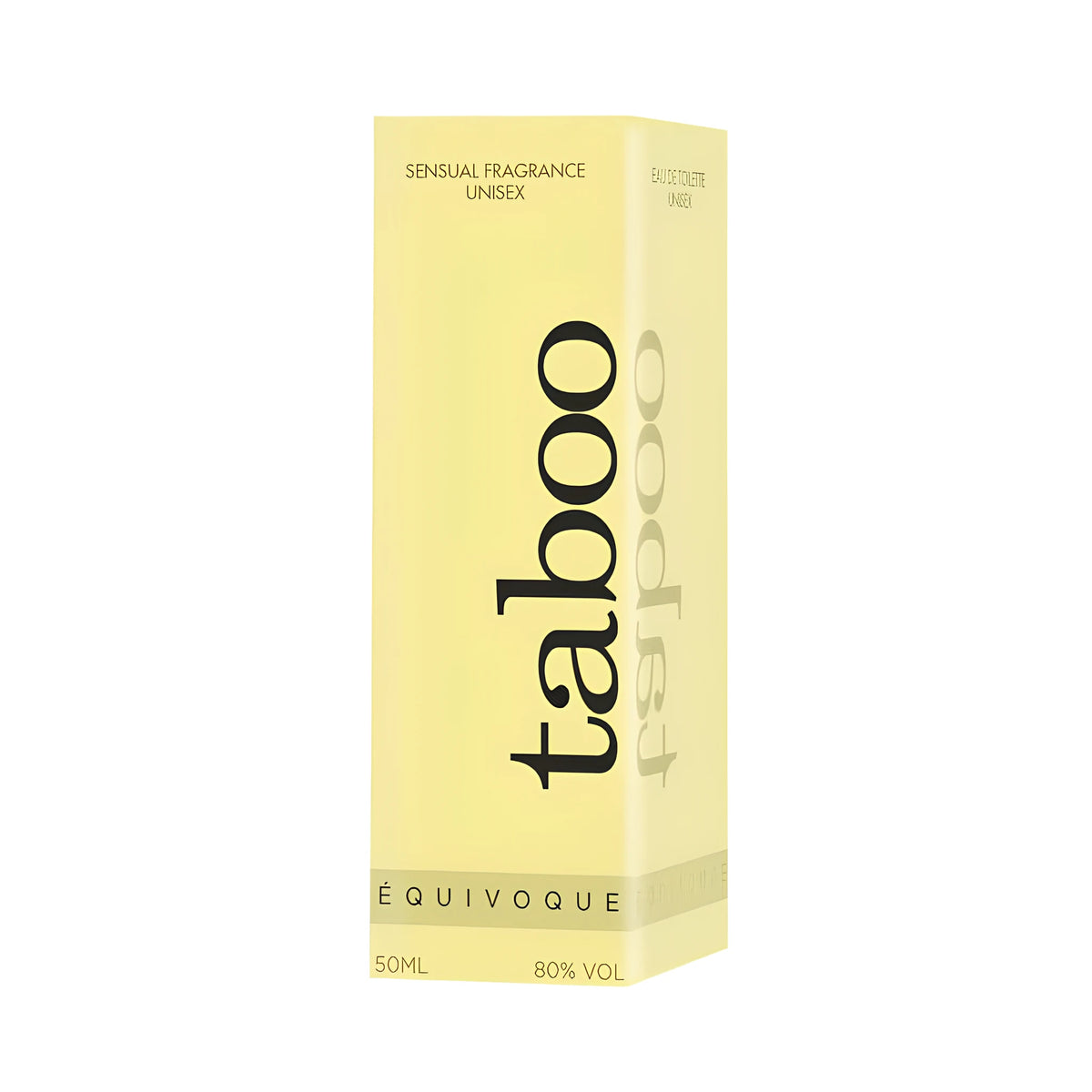 Жълта кутия на парфюм Taboo Équivoque, 50 мл, с надпис „Sensual fragrance unisex“ и 80% vol., видяна под ъгъл